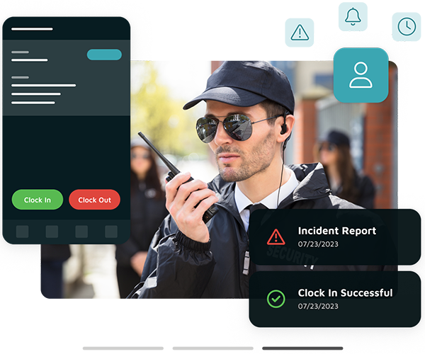 Officer in sunglasses and hat holding walkie talkie near his face with image of incident report and clock in successful on side