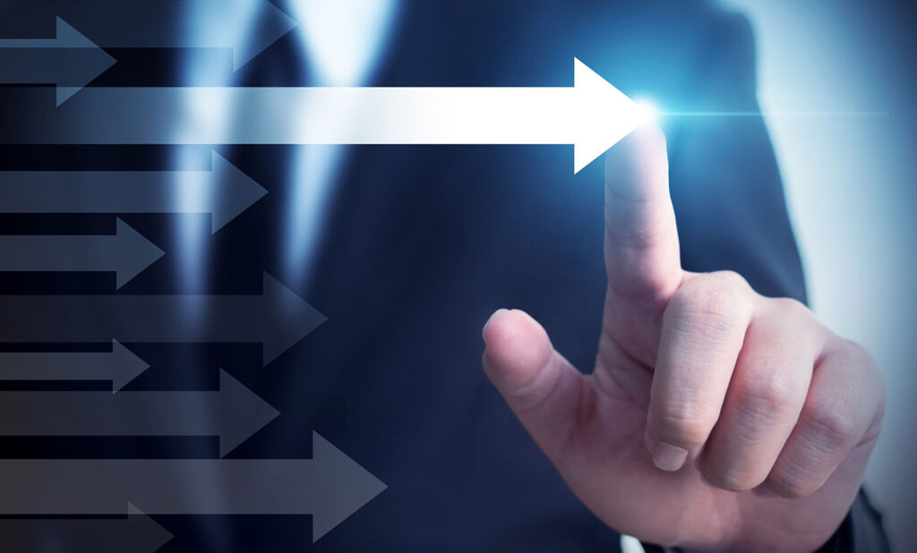 Man touching arrow icon.