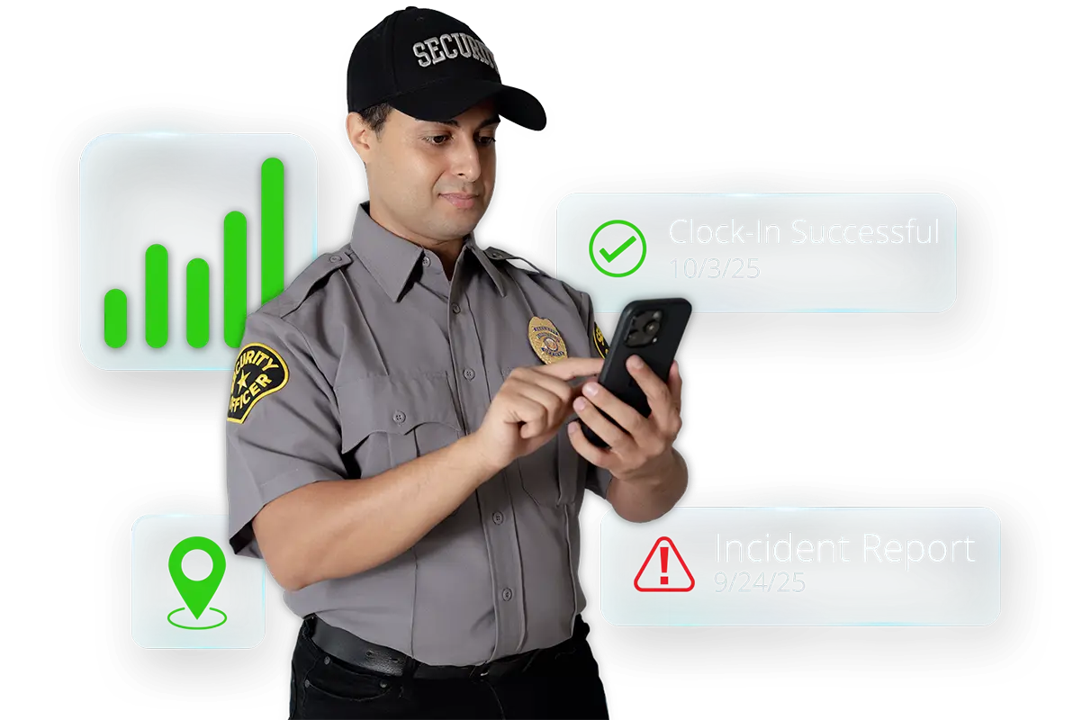 guard-floating-icons-HQ security guard holding a smartphone with images of app icons around.